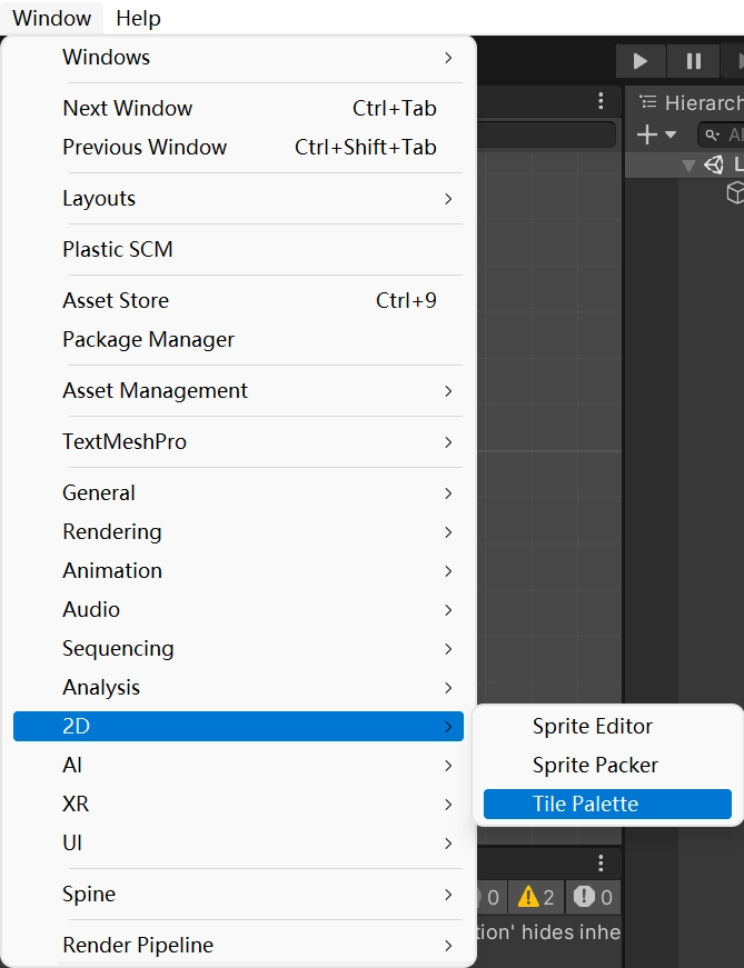 在 Tile Palette 瓦片調色盤視窗創建，點擊 Window  --> 2D  --> Tile Palette。