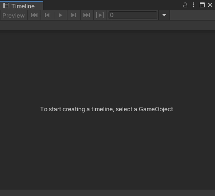 此時會打開 Timeline 窗口，並提示你選擇一個物體：To start creating a timeline, select a GameObject。