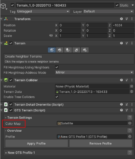 Unity Terrains：Colormap 紋理的輸入在 GTSTerrain組件中。