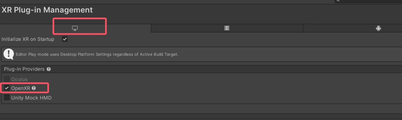 Unity 的 XR Plug-in Management 設定界面，顯示在桌面平台啟用了 OpenXR 插件，並勾選了啟動時初始化 XR 的選項。