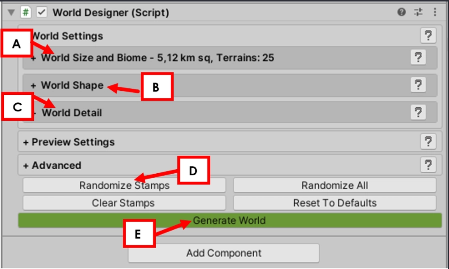 所以，當不透過「Randomize All全部隨機化」按鈕進行完全隨機化方法時，世界設計器中的工作流程如下。