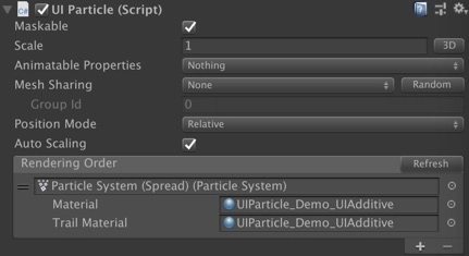 UIParticle 控製附加到其自己的遊戲物件和子遊戲物件的 ParticleSystems。