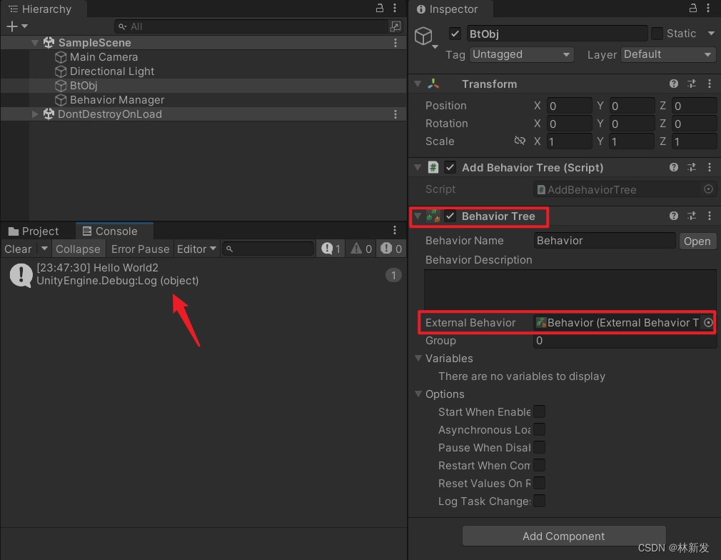 我們運行 Unity，可以看到 BtObj 物體動態掛了 BehaviorTree 組件，並且動態設定了 ExternalBehavior 對象，行為樹也被執行了，輸出了 Hello World，如下。