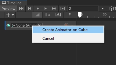 例如這裡，我們要給一個 Cube 錄製動畫，點選 Create Animator on Cube。