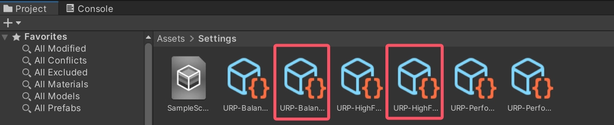 顯示 Assets > Settings 資料夾中的 URP（Universal Render Pipeline）相關設定檔案，如 URP-Balanced 和 URP-HighFidelity，標記為重要渲染配置。