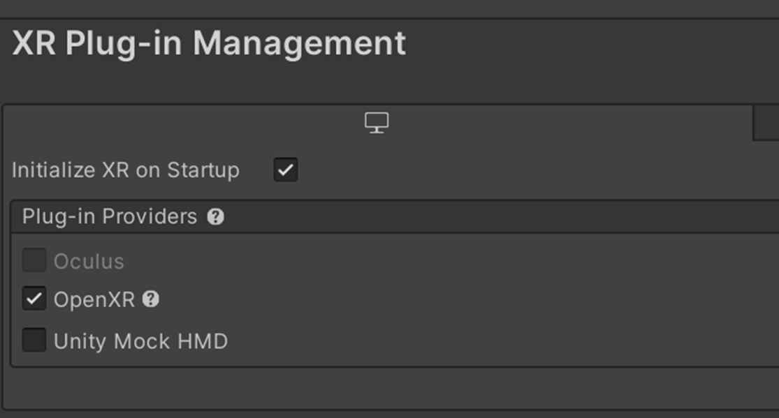 XR Plug-in Management 設置面板，用於管理 XR（擴增實境/虛擬實境）應用開發的插件。