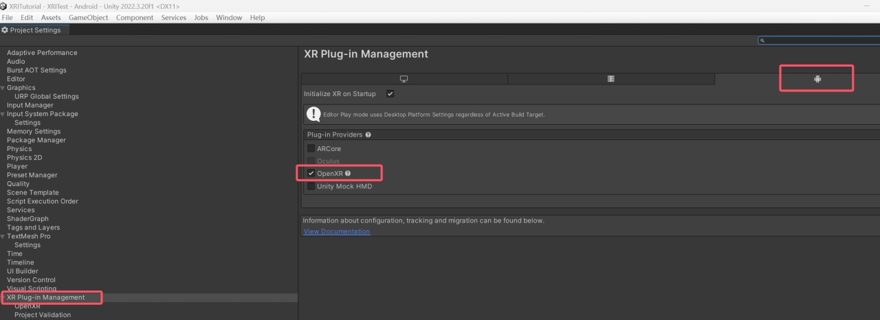 Unity 專案設定界面，顯示 XR Plug-in Management，啟用了 OpenXR 插件，適用於 Android 平台。