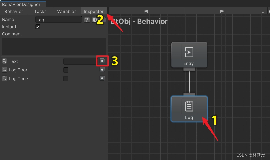 先選取 Log 節點，切到 Inspector 頁，點選 Text 值最右邊的小點點，如下。