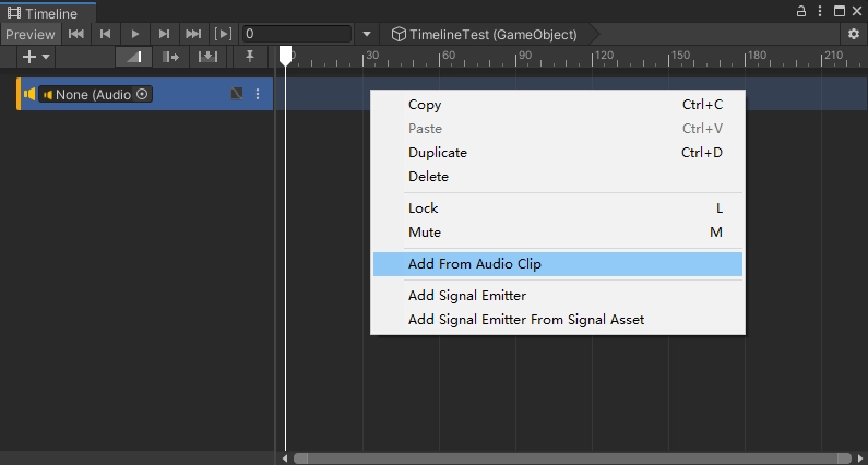 在 Timeline 中建立 Audio Track 軌道，然後再軌道上右键菜单 - Add From Audio Clip。