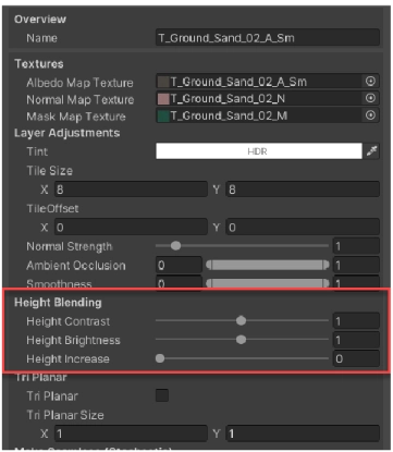 特點：每個圖層的高度圖對比和強度可在各 GTS Layer 中控制（啟用 Height Settings 後出現）。