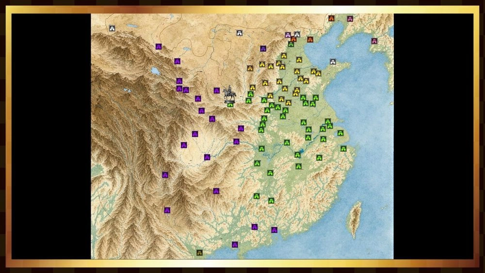 三國志英雄譚天下地圖，以不同顏色標示各地城池與勢力分布