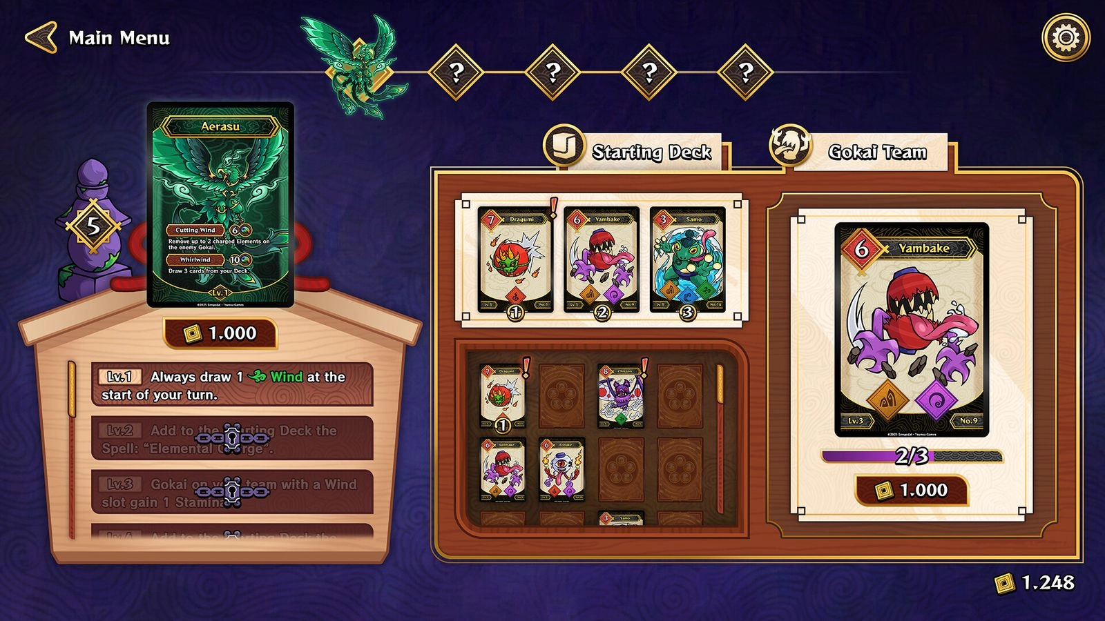 《Sengodai》Deck Shrine 牌組神殿畫面，顯示 Gokai 隊伍、起始牌組與花費 1000 金幣升級
