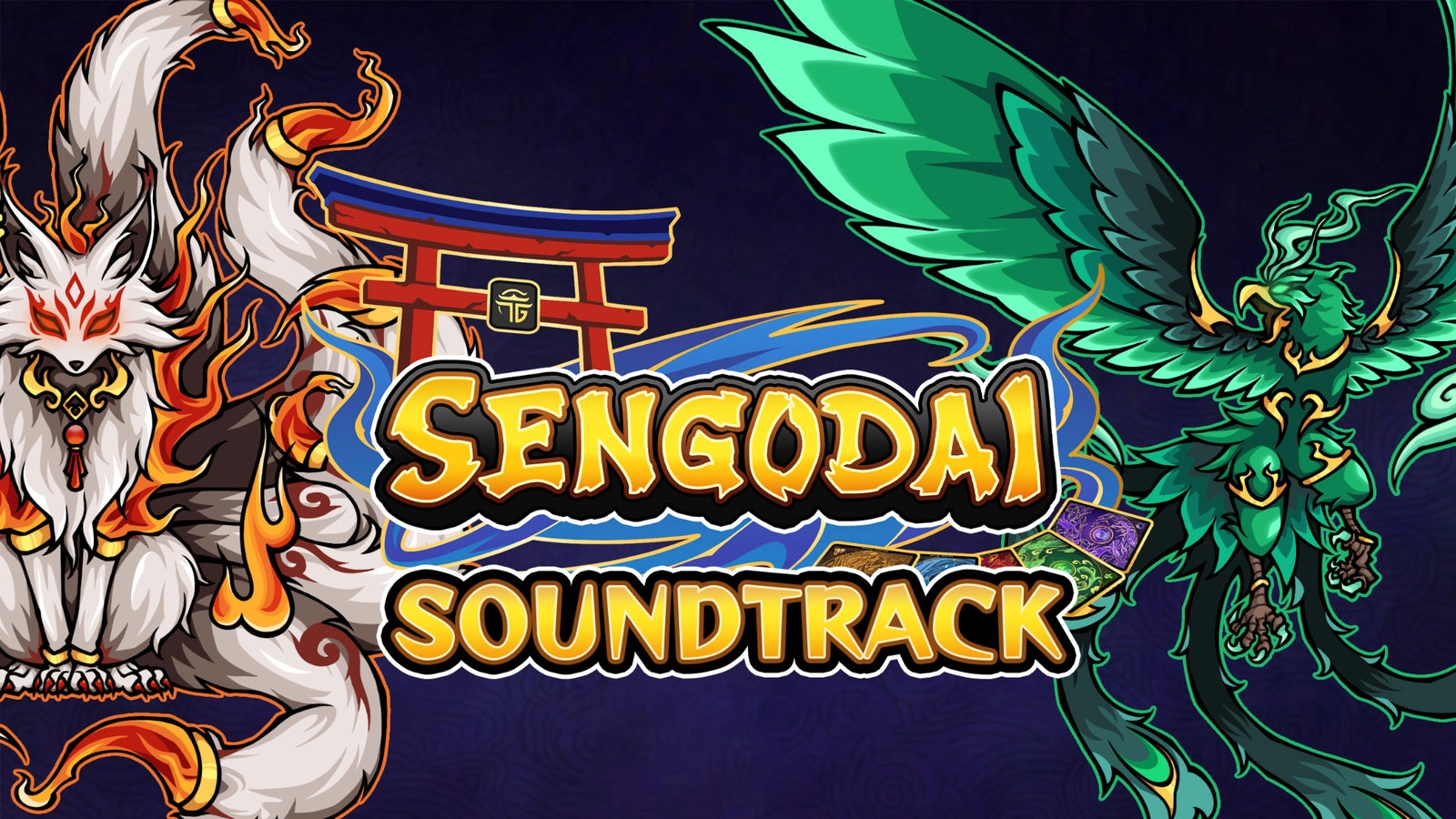 《Sengodai》遊戲原聲帶封面，展示兩位元素神祇、遊戲標誌與卡牌主題美術