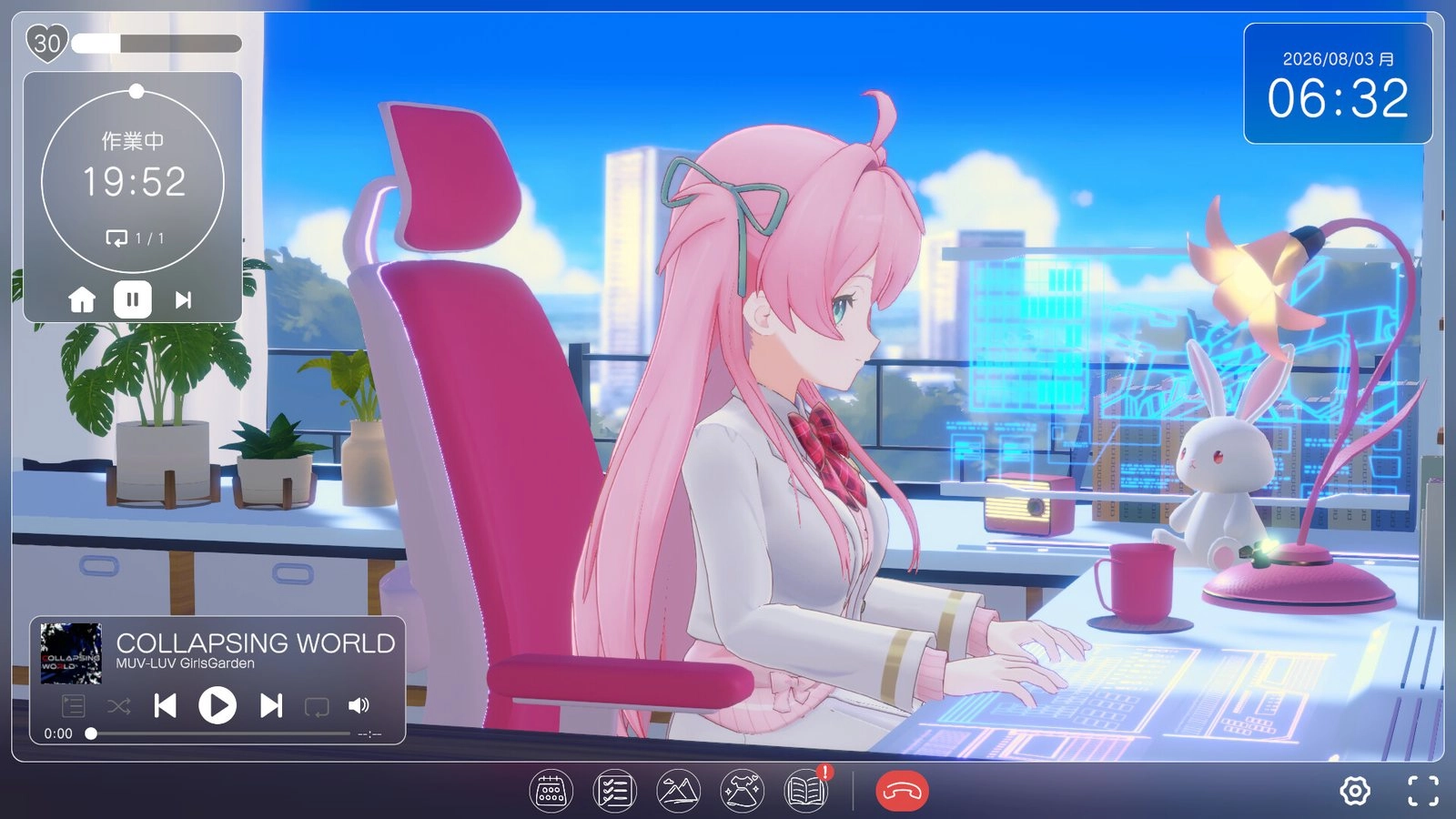 《Muv-Luv 少女庭園 Mellow Days》番茄鐘計時畫面，桃園梅露在桌前工作，左側顯示剩餘時間