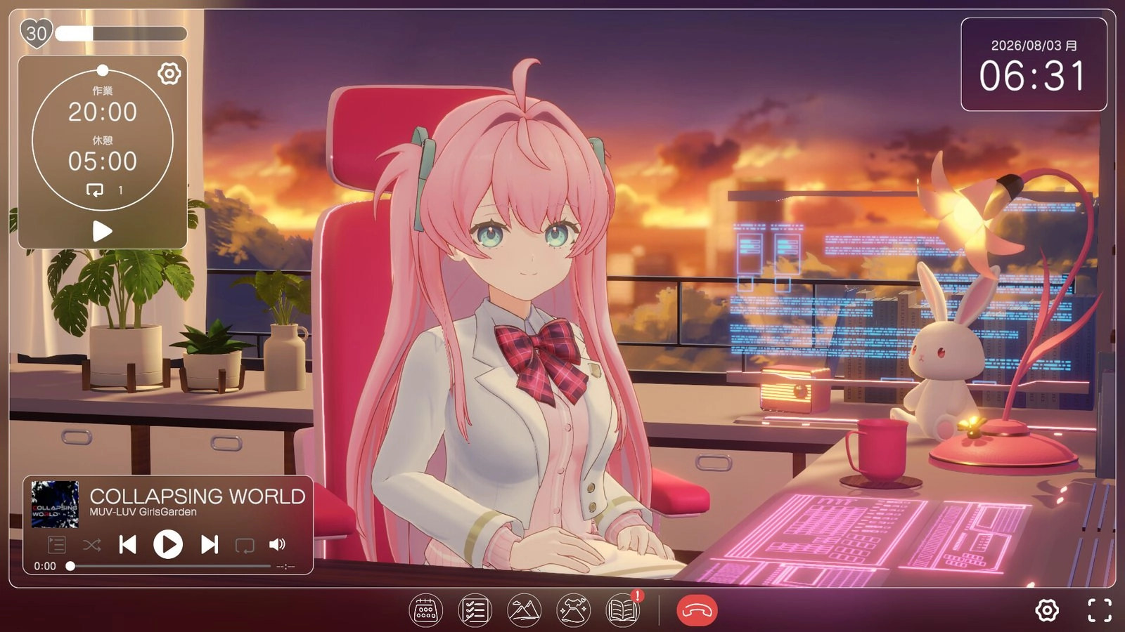 《Muv-Luv 少女庭園 Mellow Days》夕陽下的工作場景，桃園梅露坐在桌前，左側有番茄鐘介面