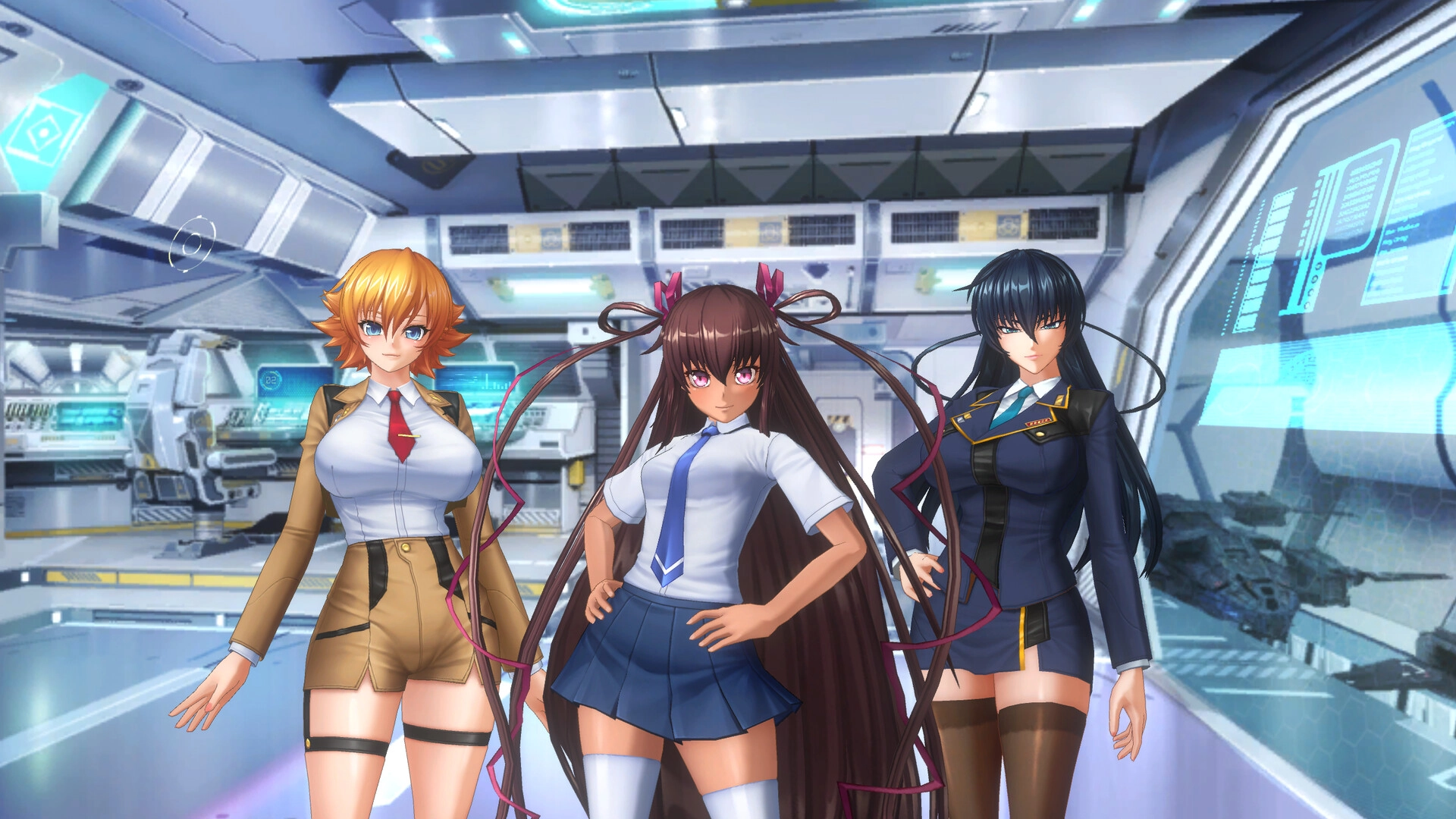 Action對魔忍 Steam 官方畫面，井河櫻、水城雪風與井河阿莎姬穿著制服同場
