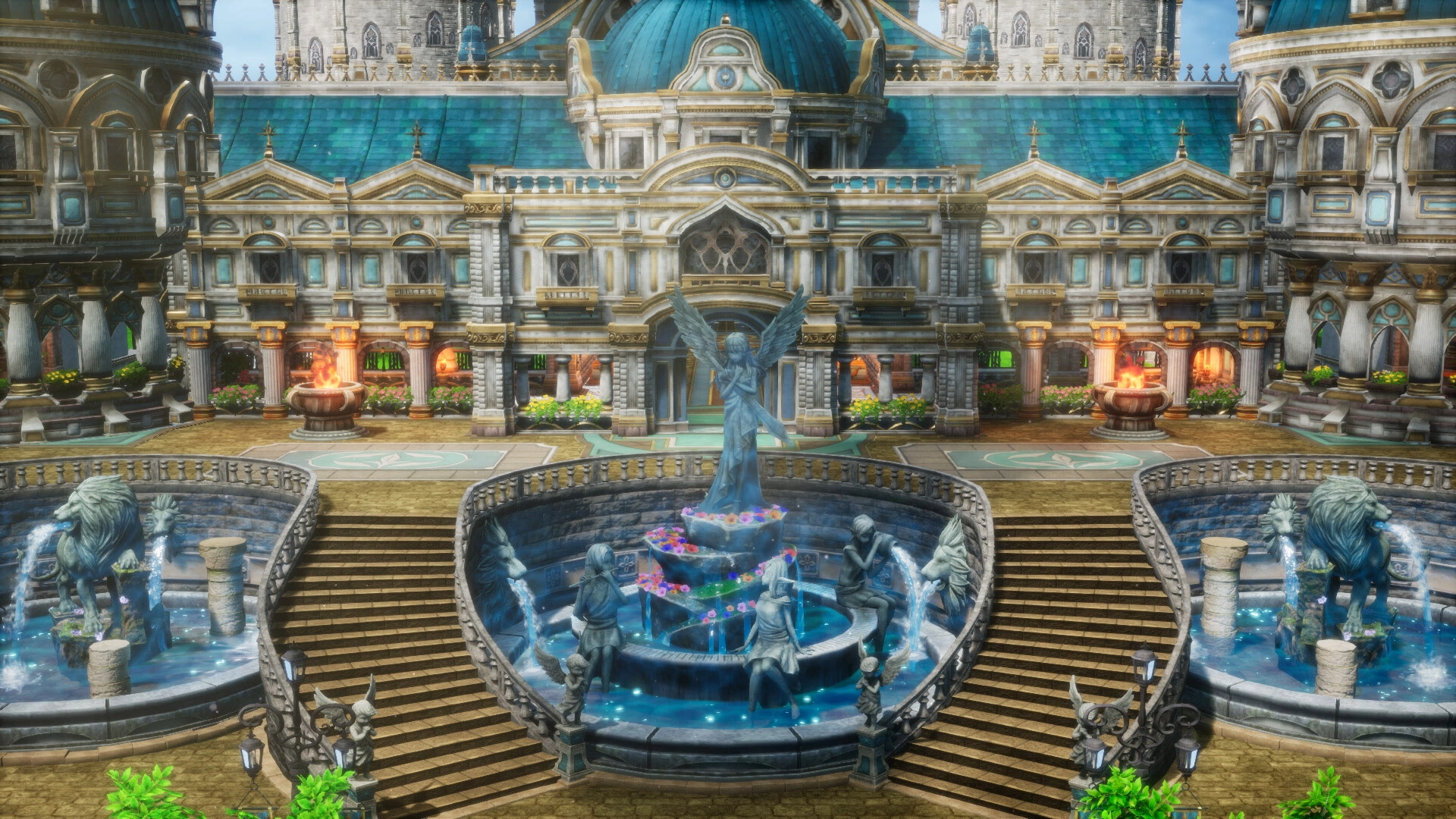 勇者鬥惡龍推薦，勇者鬥惡龍III HD-2D Remake 城堡前廣場與天使雕像噴水池的官方截圖