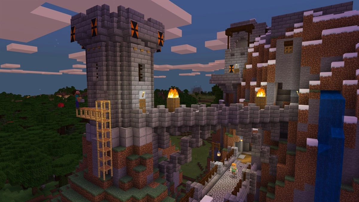Minecraft 官方截圖，玩家用方塊蓋出的山城堡壘