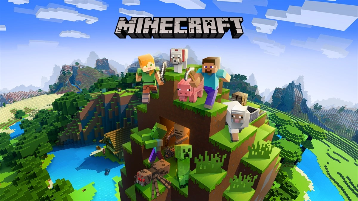 Minecraft 官方主視覺，史蒂夫與艾莉克斯在方塊山頭冒險