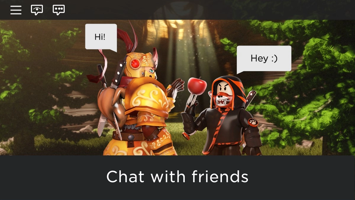 Roblox 官方截圖，玩家角色在遊戲中互相打招呼聊天