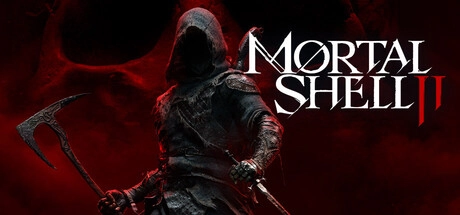 《Mortal Shell II》魂殼II 主視覺 KeyArt，紅黑色背景中手持鐮刀的兜帽戰士與遊戲標題