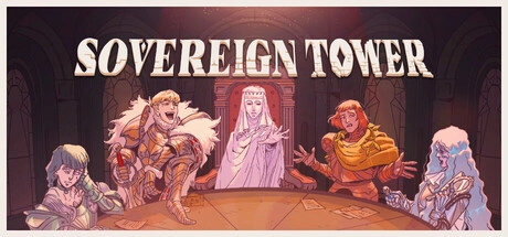 《君主之塔》Sovereign Tower 主視覺，圓桌旁的五名騎士與中央的白衣女子