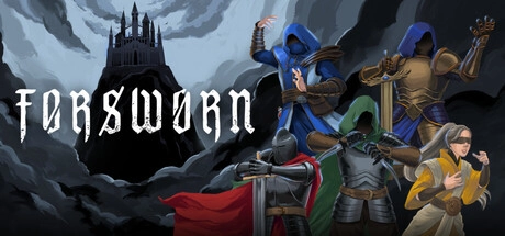 評測《Forsworn》背誓者 主視覺，暗色調中六名英雄與遠方黑塔及遊戲標題