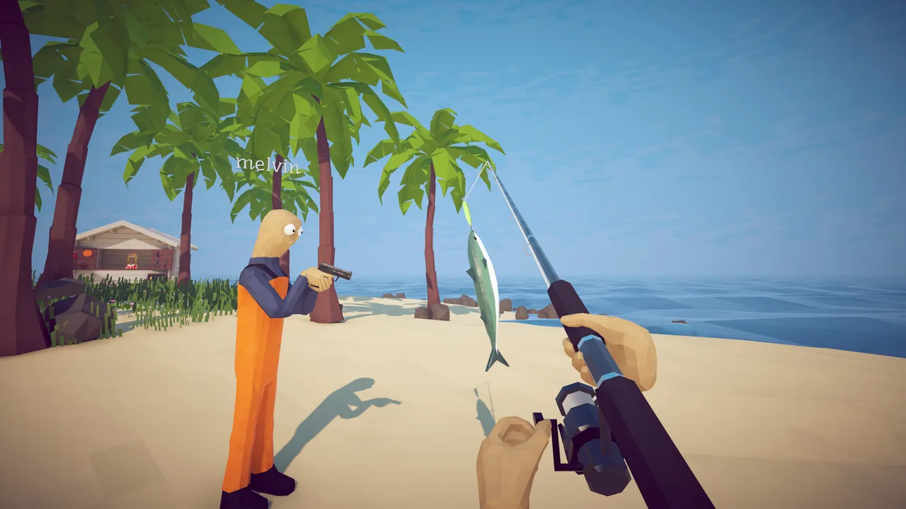 《How to Fish》在海灘上釣起魚後拔槍補刀的畫面