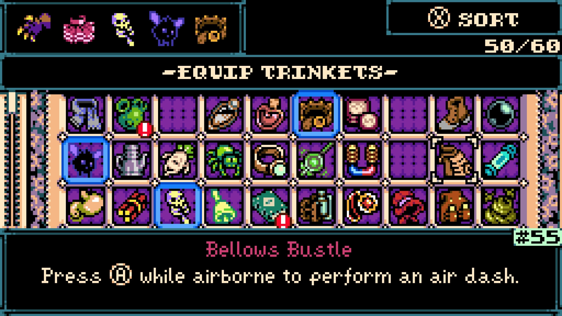 《Mina the Hollower》Trinkets 飾品配裝介面（EQUIP TRINKETS）
