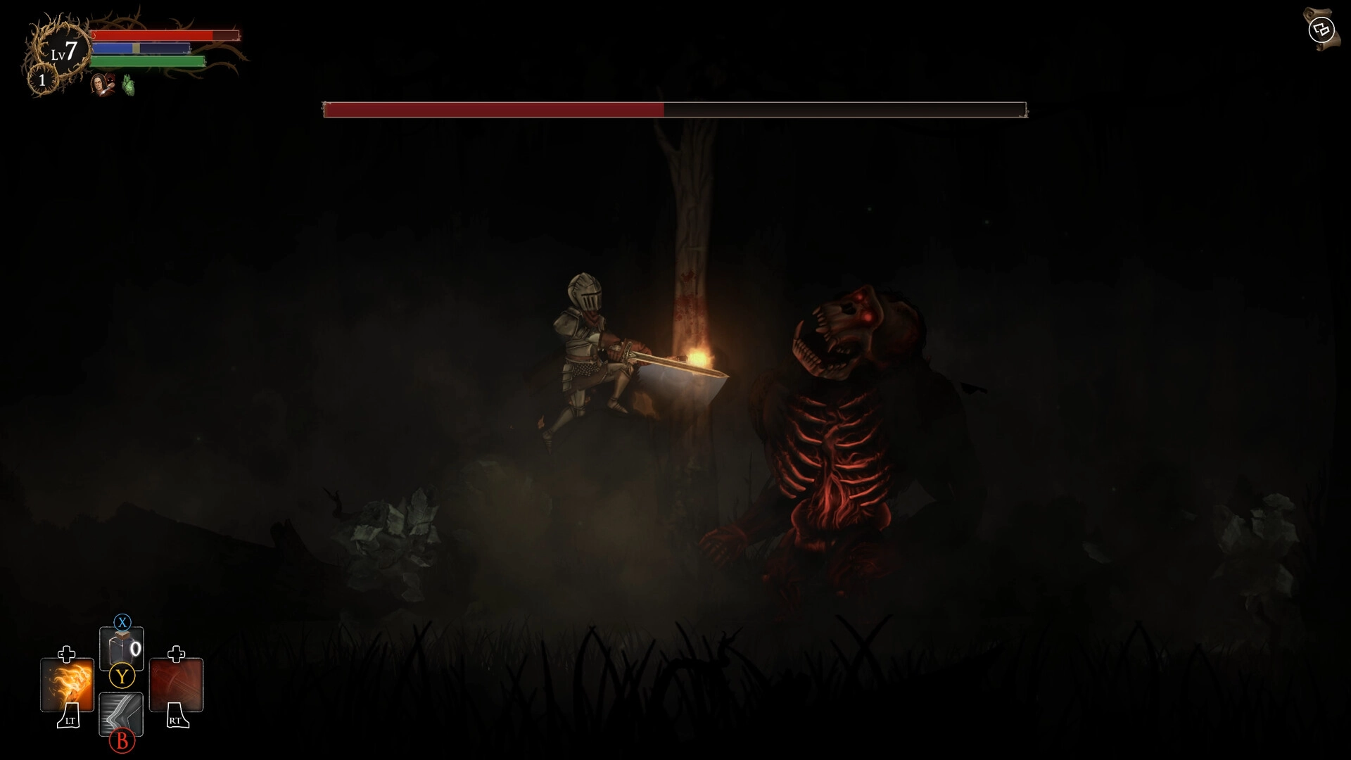 《Rogue Blight》枯萎感染世界中的 souls-like 戰鬥場景，玩家角色手持單手武器迎戰畸變怪物