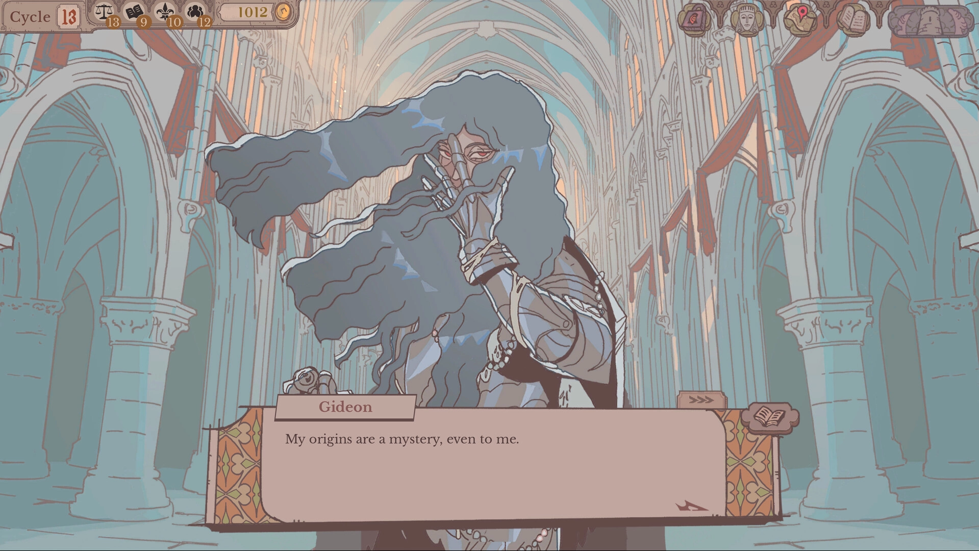 《君主之塔》對話畫面，騎士 Gideon 在教堂內說出自己的來歷成謎