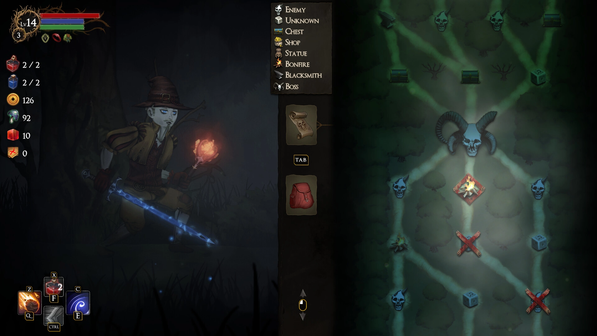 《Rogue Blight》玩家角色以單手武器對戰畸變怪物，畫面下方顯示血量、魔力與耐力三條資源