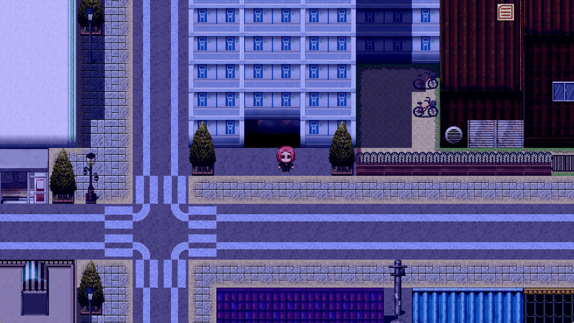 《人間牧場～搜查篇～》RPG 俯視角城鎮探索地圖，玩家操控角色在街區間移動蒐證搜查