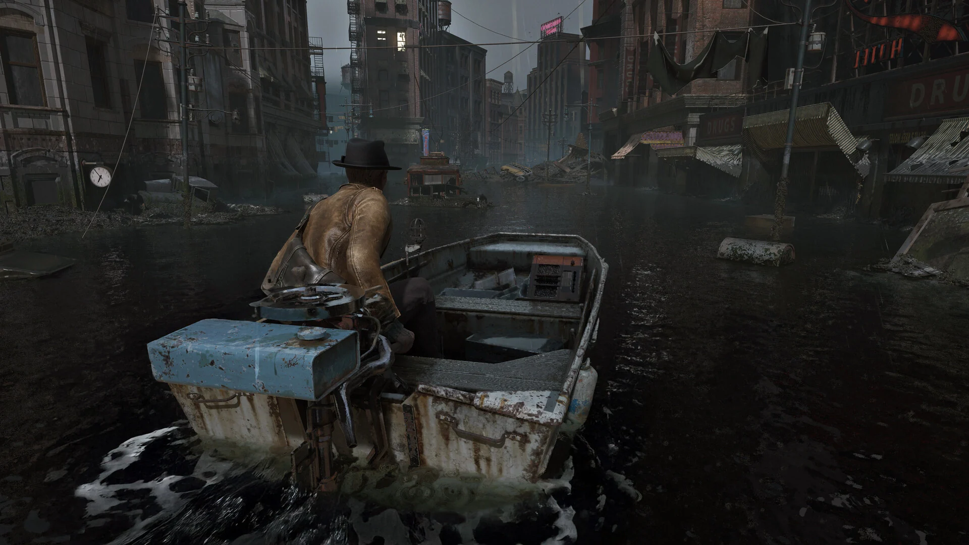 The Sinking City 2 主角乘小船穿越淹沒阿卡姆街道畫面