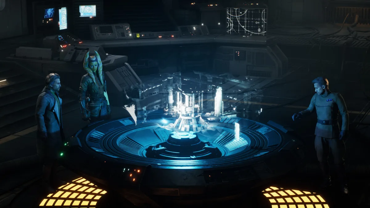 《STAR WARS 零號連隊》劇情過場：全像投影桌前的角色對話場景
