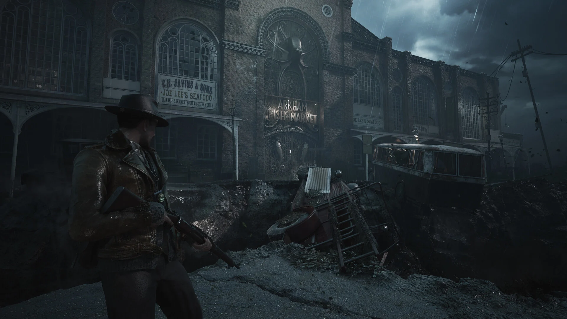 The Sinking City 2 阿卡姆魚市場外觀與克蘇魯風格雕飾