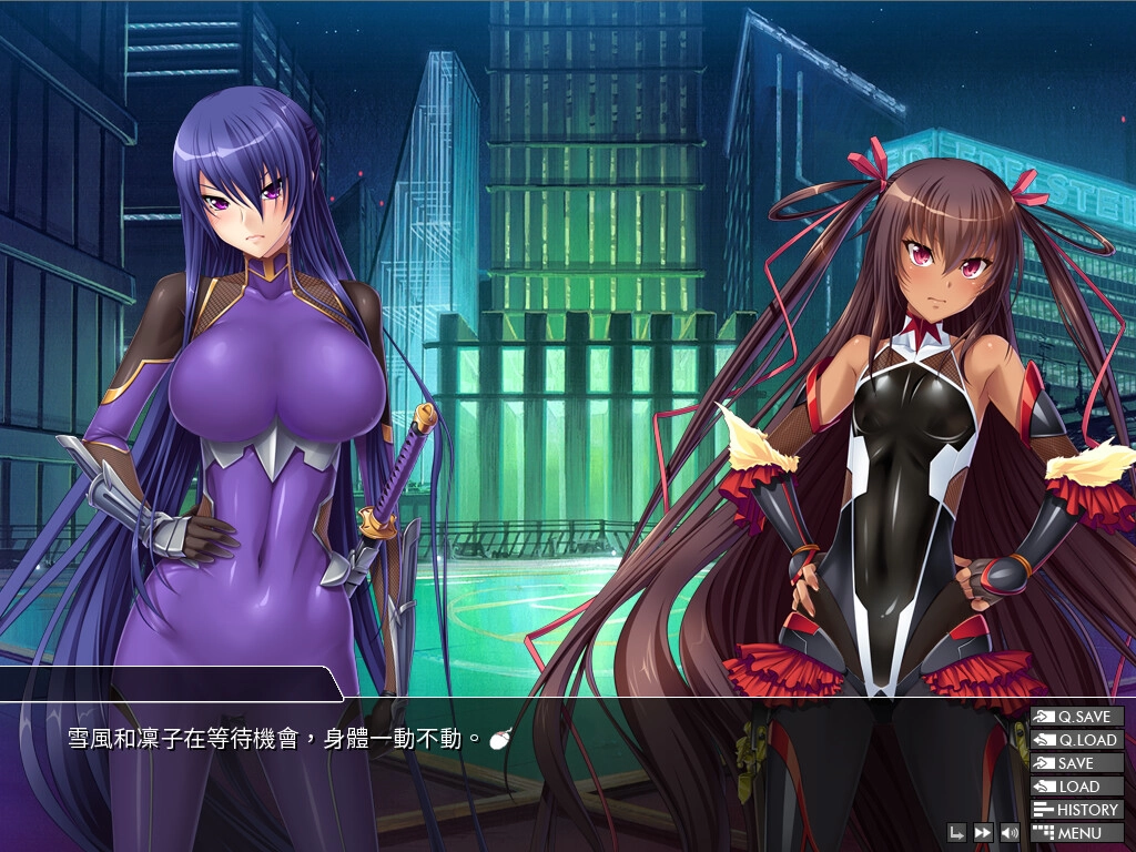 《對魔忍雪風》Steam 繁中版官方畫面，秋山凜子與水城雪風在夜晚街頭等待行動